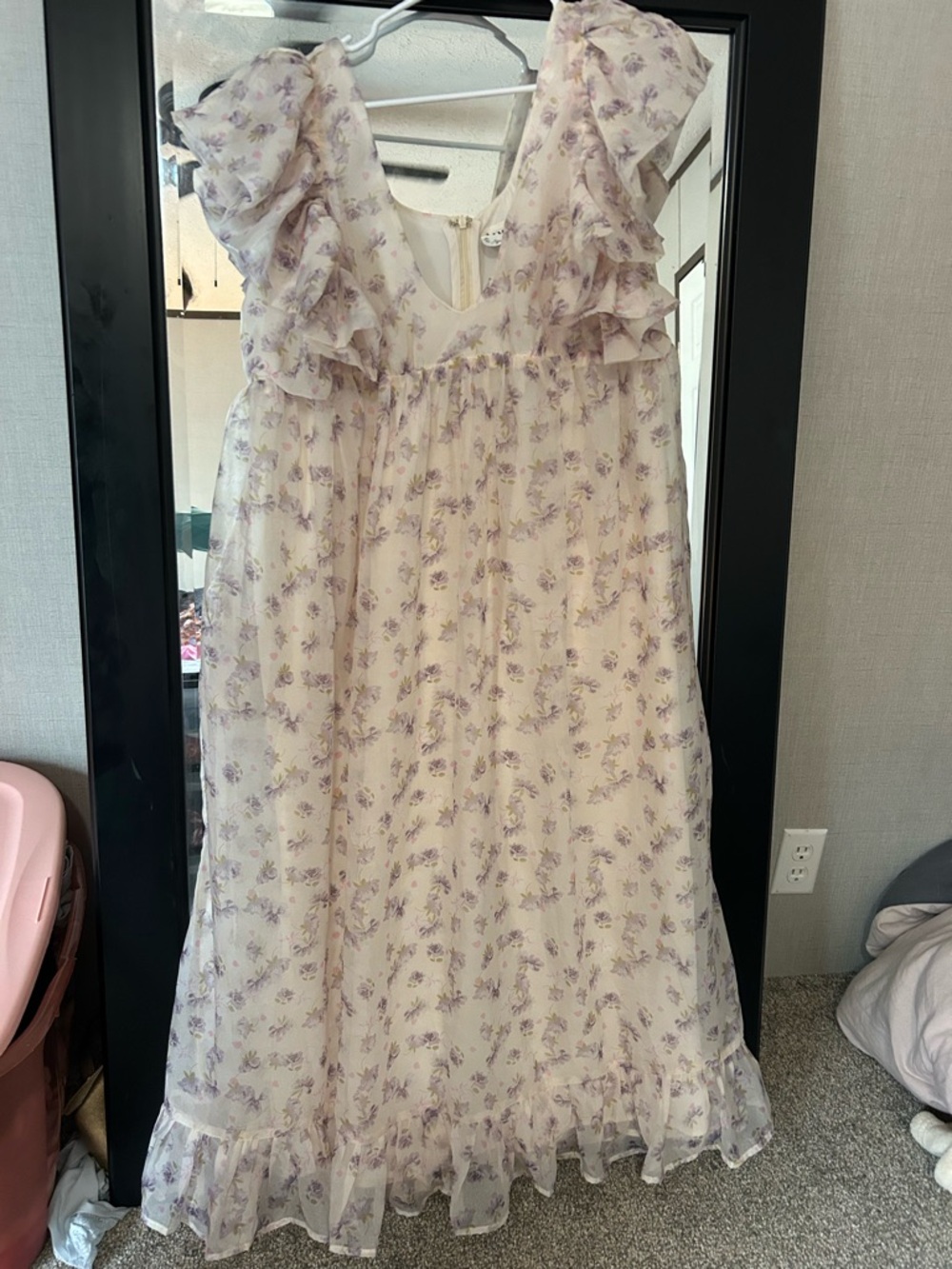 Floral Ruffle Maxi Dress - Cream with Lavender Print